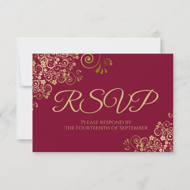 Maroon Burgundy with Elegant Gold Lace Wedding RSVP Card (Front)