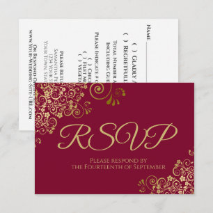 Maroon Burgundy with Elegant Gold Lace Wedding RSVP Card