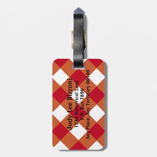 Maroon Burnt Orange and White-Checked Luggage Tag (Back Vertical)