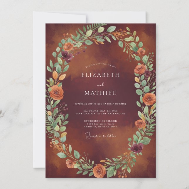 Maroon Burnt Orange Wreath Wedding Invitation (Front)