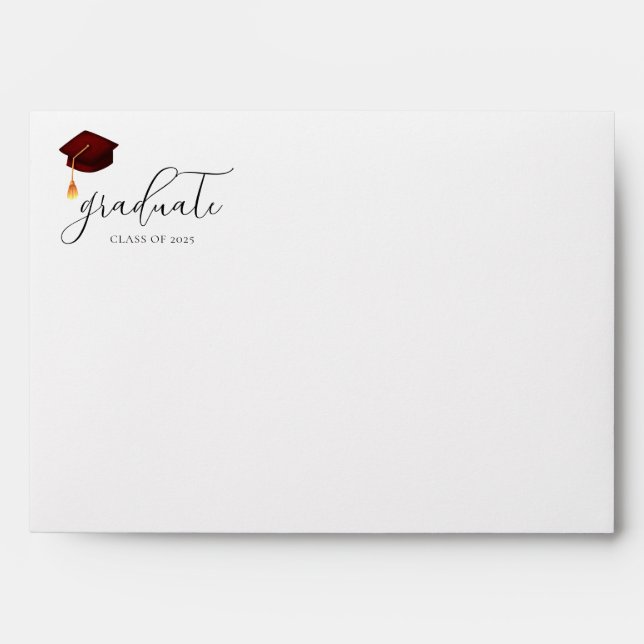 Maroon Cap Modern Script Graduation Return Address Envelope (Front)
