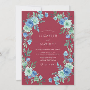 Maroon Cerulean Ranunculus Eucalyptus Wedding Invitation