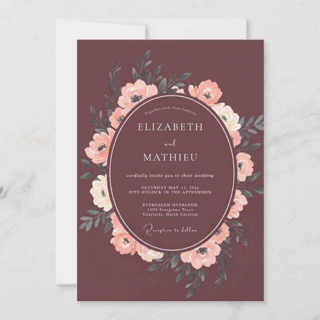 Maroon Champagne Petal Wedding Invitation (Front)