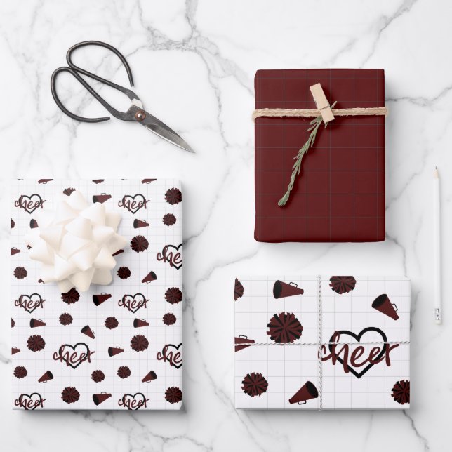 Maroon Cheer Hearts, Pom Poms, Megaphone Pattern Wrapping Paper Sheet (Front)