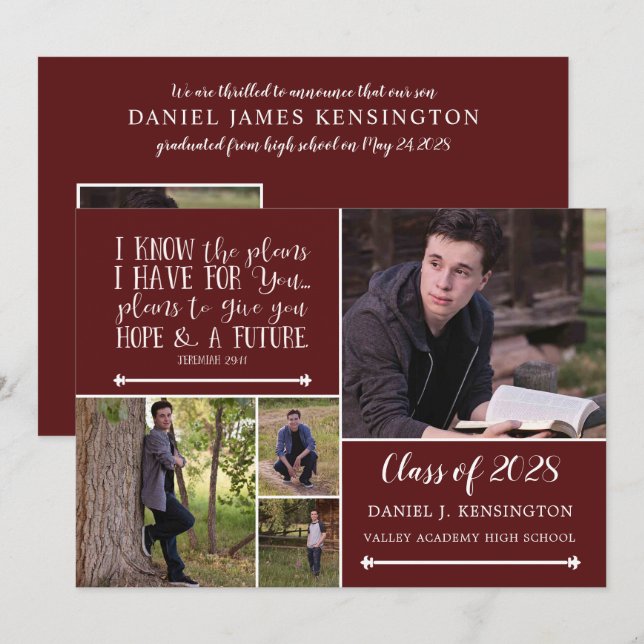 Maroon Christian Verse Graduation Photo Collage Invitation (Front/Back)