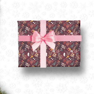 MAROON CHRISTMAS FESTIVE DECORATION FEATHER FLORAL WRAPPING PAPER