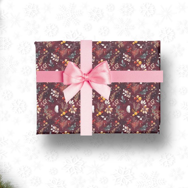 MAROON CHRISTMAS FESTIVE DECORATION FEATHER FLORAL WRAPPING PAPER (MAROON CHRISTMAS FESTIVE DECORATION FEATHER FLORAL WRAPPING PAPER)