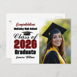Maroon Class of 2026 Graduate Photo Graduation Announcement Postcard