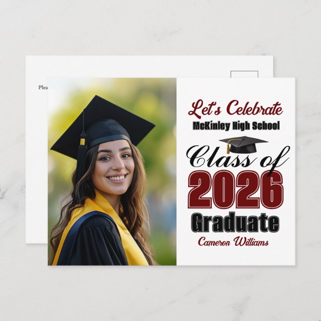 Maroon Class of 2026 Photo Graduation Party Invitation Postcard (Front/Back)
