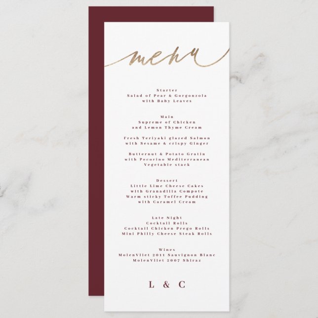 Maroon Classic Dark Red Plum Burgundy Wedding Menu (Front/Back)
