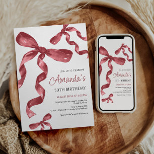 Maroon Coquette Bow Birthday Invitation