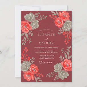 Maroon Coral Foliage Eucalyptus Wedding Invitation