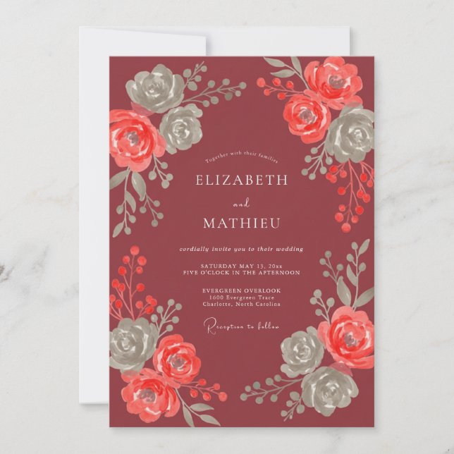 Maroon Coral Foliage Eucalyptus Wedding Invitation (Front)