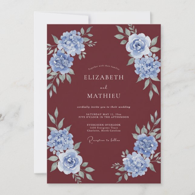 Maroon Cornflower Watercolor Wedding Invitation (Front)