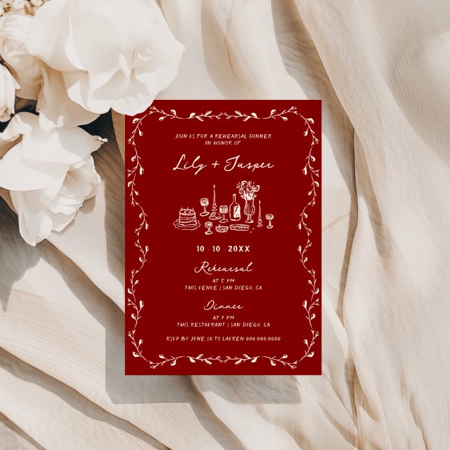 Maroon Cream Hand Drawn Rehearsal Dinner Invitation (Creator Uploaded)