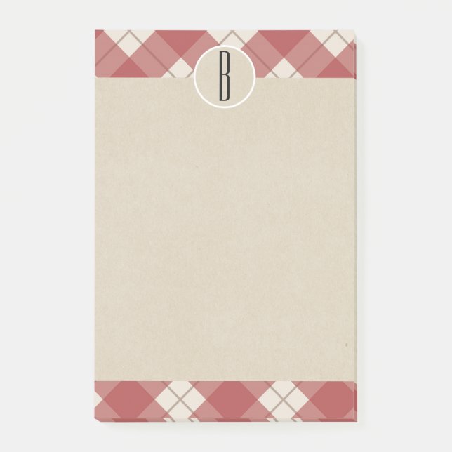 Maroon Cream Plaid Kraft Rustic Monogram Initial Post-it Notes (Front)