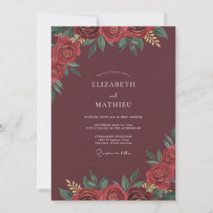Maroon Crimson Leafy Wedding Invitation