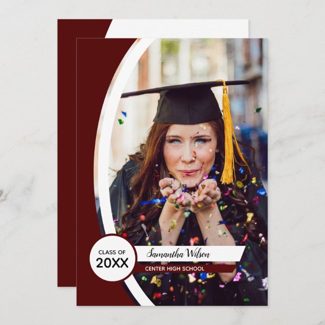 Maroon Curved Frame Photo Graduation Invitation (Front/Back)