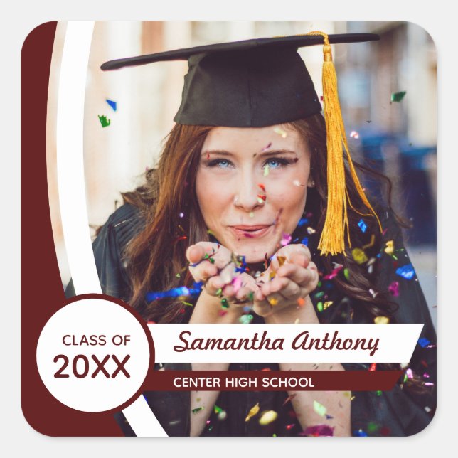 Maroon Curved Frame Photo Graduation Square Sticker (Front)