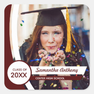 Maroon Curved Frame Photo Graduation Square Sticker