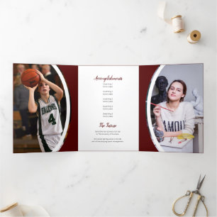 Maroon Curved Frame Three Photo Graduation Tri-Fold Invitation
