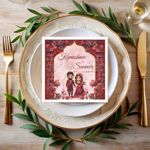 Maroon cute Indian wedding bridal couple cartoon Napkin
