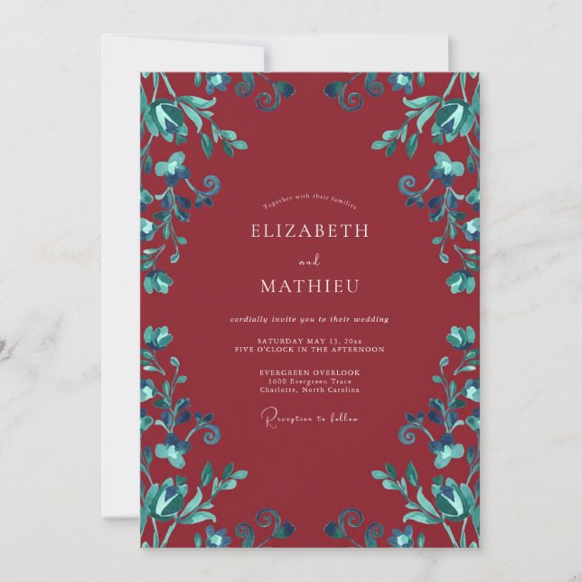Maroon Cyan Leafy Wedding Invitation (Front)