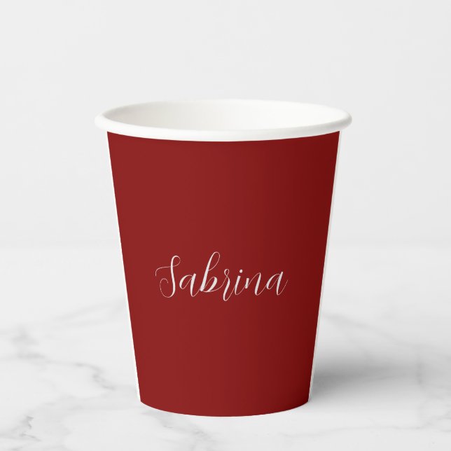Maroon Dark Red Professional Calligraphy Add Name Paper Cups (Front)