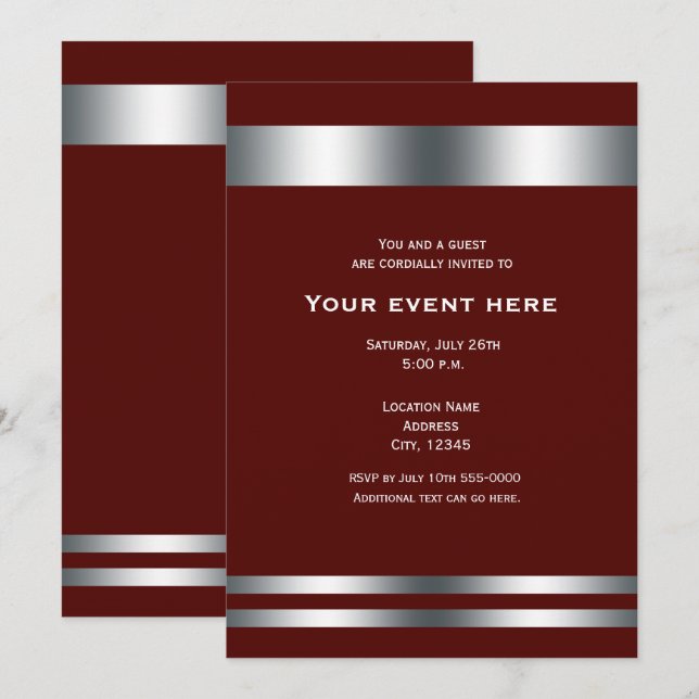 Maroon Deep Red Silver Elegant Dinner Party Event Invitation (Front/Back)