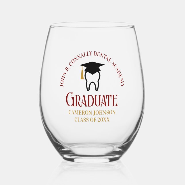 Maroon Dental School Custom Dentist Graduation Stemless Wine Glass (Front)
