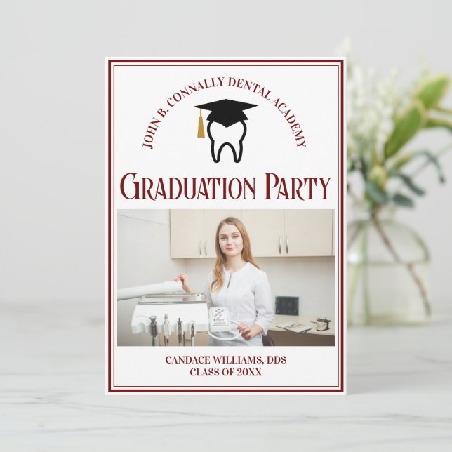 Maroon Dental School Photo Custom Graduation Party Invitation (Standing Front)