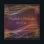 Maroon Design with Wispy Gold Accents Wedding Magnet<br><div class="desc">A pretty maroon coloured background with a wispy border of curved lines and delicate flowers surrounded  by sparkling stars. A pretty and elegant design. Customise with the bride and grooms name and wedding date.</div>