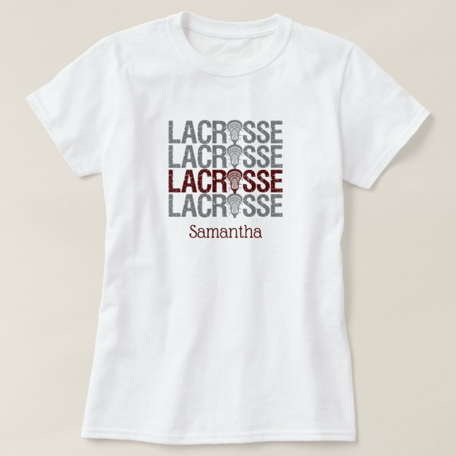 Maroon Distressed Lacrosse Word T-Shirt (Design Front)