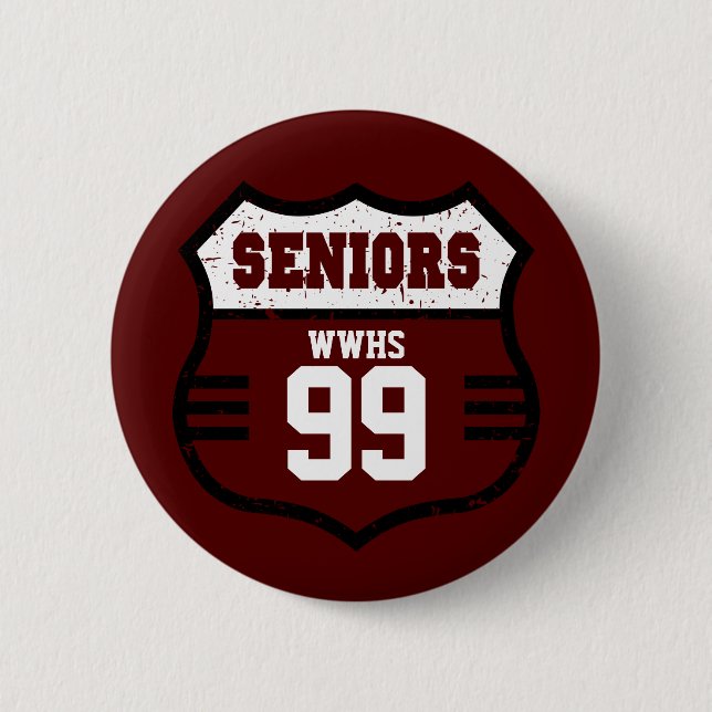Maroon Distressed Seniors Road Sign 6 Cm Round Badge (Front)