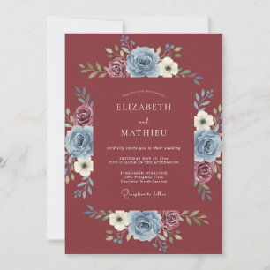 Maroon Dusty Blue Botanical Wedding Invitation