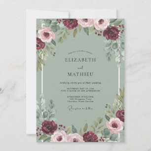 Maroon Dusty Celadon Peony Wedding Invitation