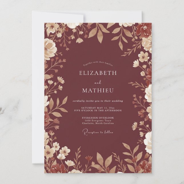Maroon Earthy Floral Wedding Invitation (Front)