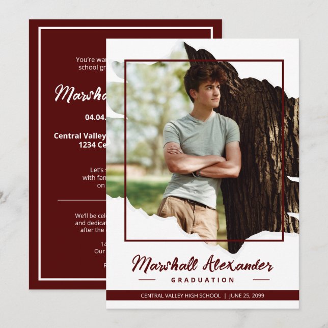 Maroon Edgy Abstract Torn Photo Graduation Invitation (Front/Back)