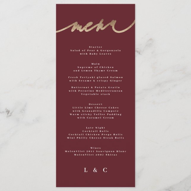 Maroon Elegant Dark Red Plum Burgundy Wedding Menu (Front)