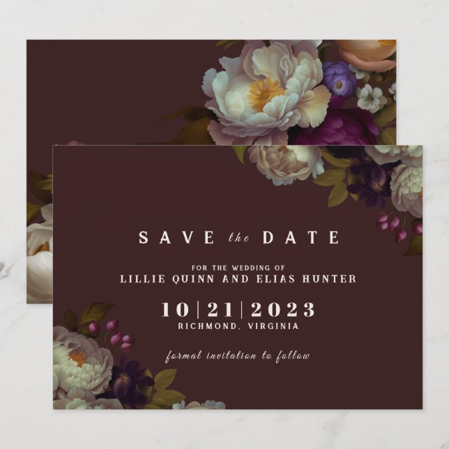 Maroon & Elegant Floral | Romantic Dark Red Save The Date (Front/Back)