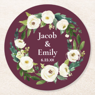 Maroon Elegant Greenery Personalised Names Wedding Round Paper Coaster