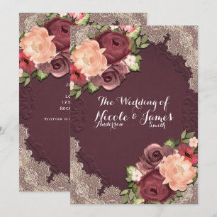 Maroon Elegant Lace & Floral Modern Chic Wedding Invitation