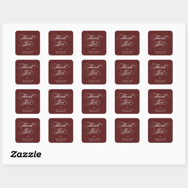 Maroon Elegant Script Wedding Thank You Square Sticker (Sheet)