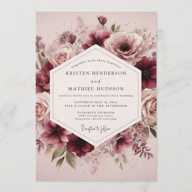 Maroon Ethereal Bloom Wedding Invitation (Front)