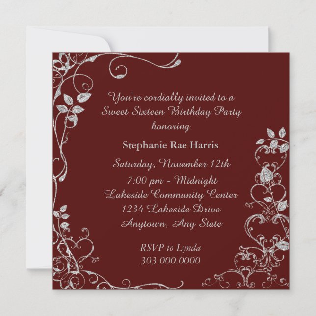 Maroon Faux Diamond Swirl Sweet 16 Birthday Party Invitation (Front)