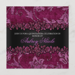 Maroon Faux Glitter & Velvet Floral Quinceanera Invitation