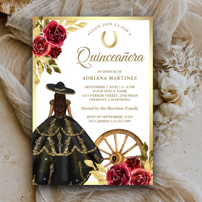Maroon Floral Black Dress Charro Gold Quinceanera Invitation (Creator Uploaded)
