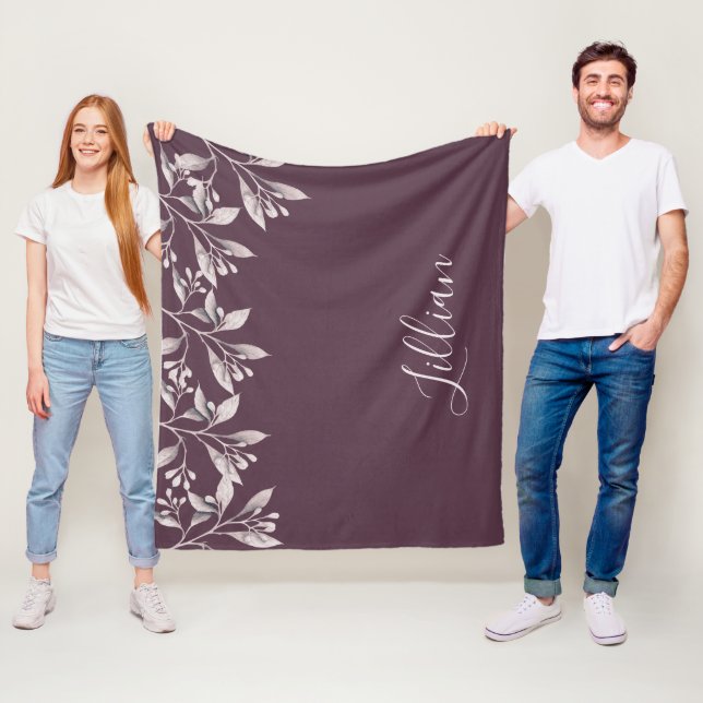 Maroon floral burgundy name fleece blanket (In Situ)
