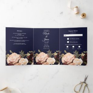 Maroon Floral Greenery Navy Blue Wedding Tri-Fold Invitation