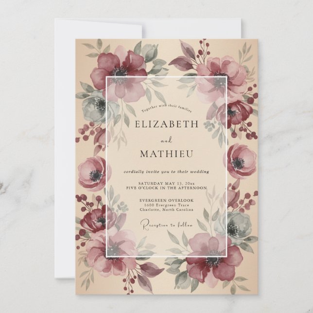 Maroon Floral Rustic Romance Wedding Invitation (Front)
